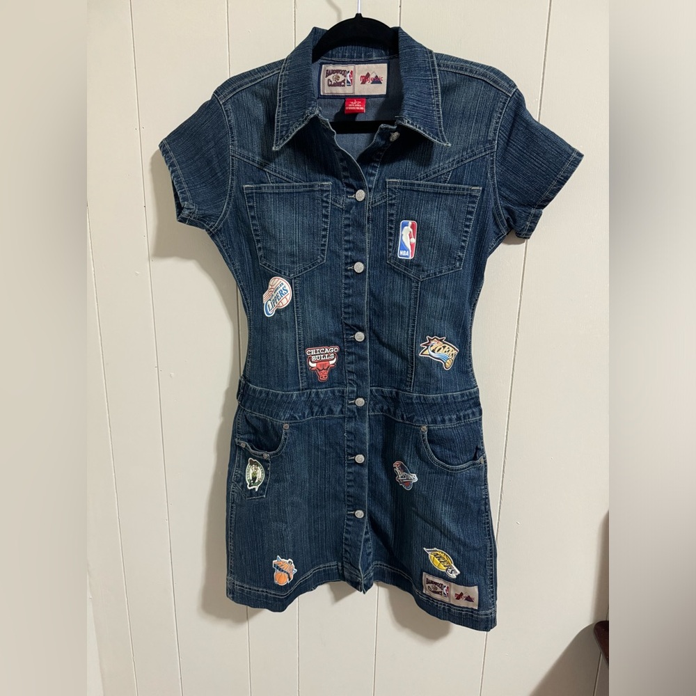 Majestic Hardwood classics NBA denim mini dress patches 90’s vintage size large